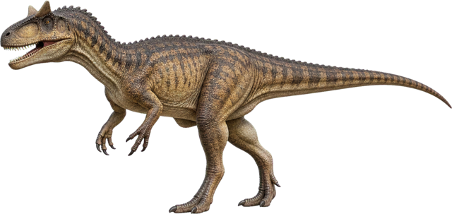 Allosaurus with small brow horns, three fingers, and a long tail.
