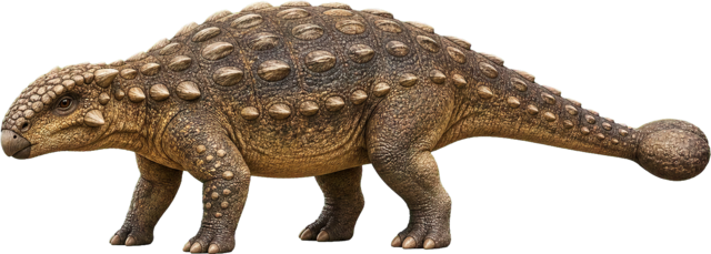 Ankylosaurus with armor plates and a heavy tail club.