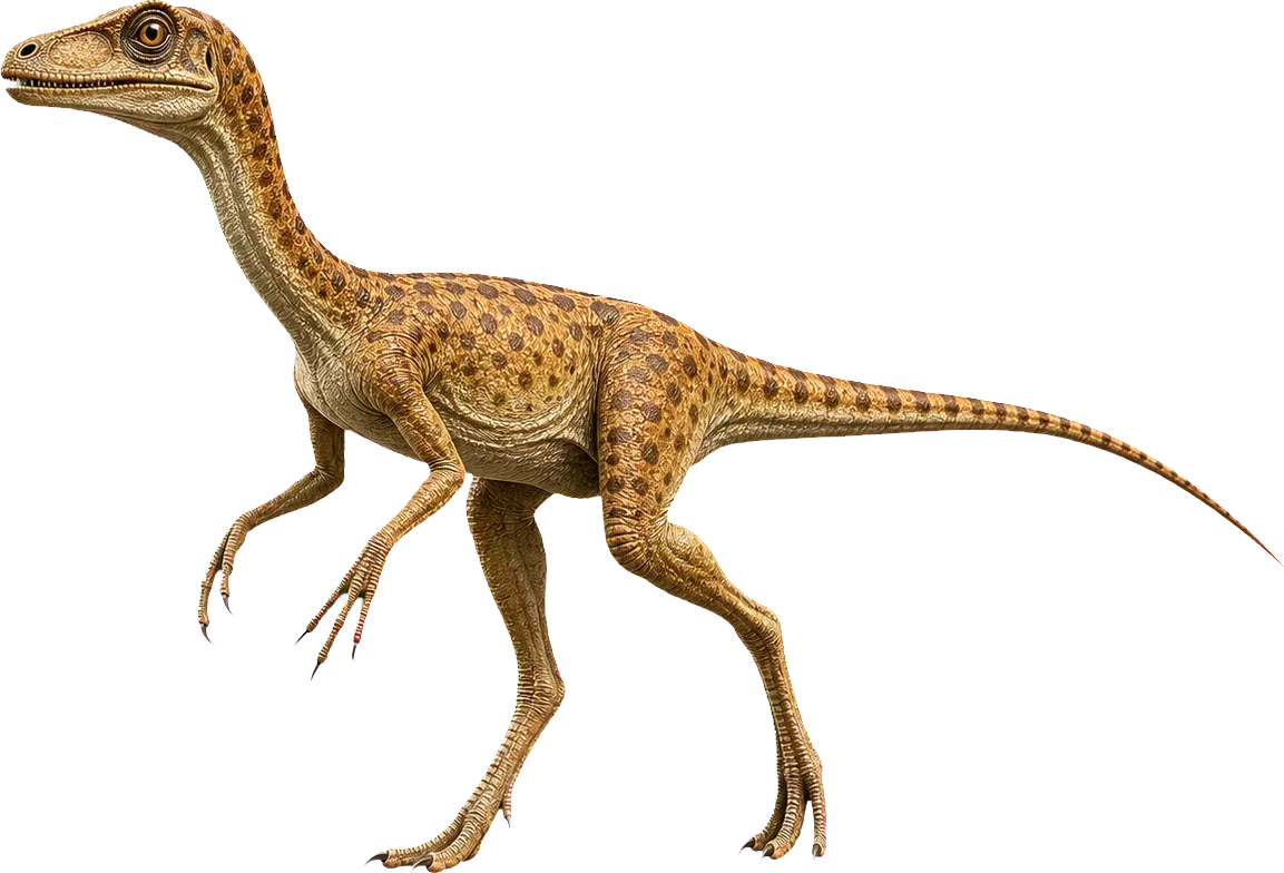 Tiny Compsognathus stands beside a child and stays well below knee height.