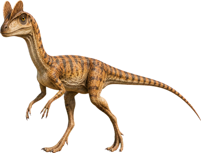 Dilophosaurus with two head crests and a long two-legged body.
