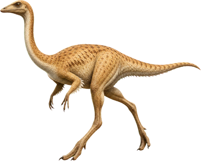 Gallimimus with long legs, small head, and toothless beak.