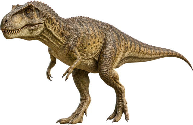 Giganotosaurus with long skull, large teeth, and powerful tail.