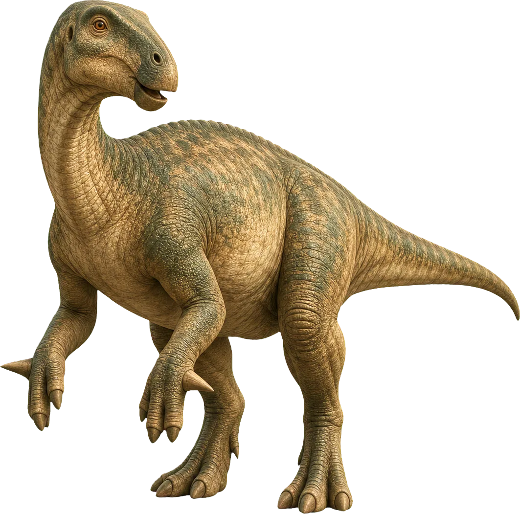 Large Iguanodon stands beside a child and shows a pointed thumb on its hand.