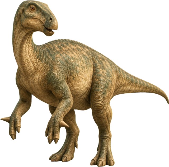 Iguanodon with strong body, long tail, and thumb spike.