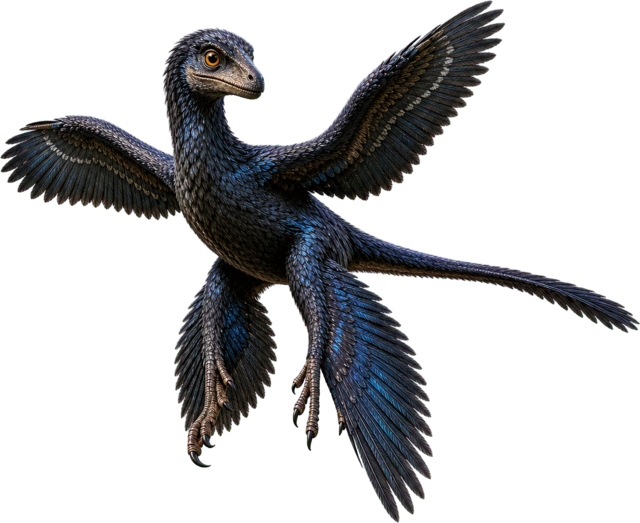 Microraptor with dark feathers on arms, legs, and tail.