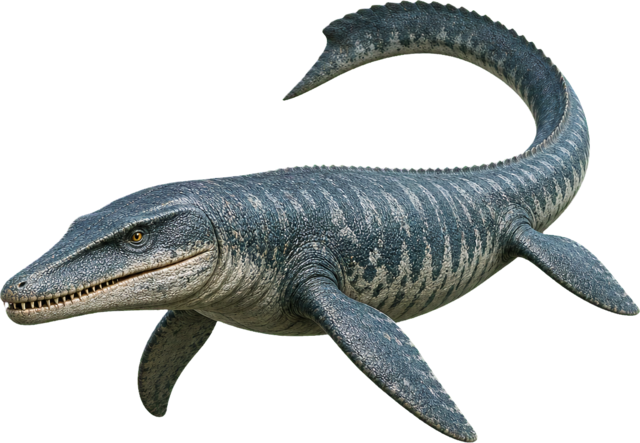 Mosasaurus with long body, flippers, and large jaws.