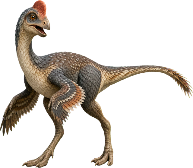 Oviraptor with toothless beak, long legs, and tail.