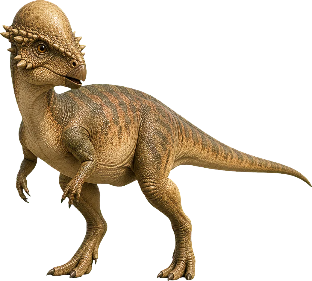 Pachycephalosaurus stands beside a child and shows the round bony dome on its head.