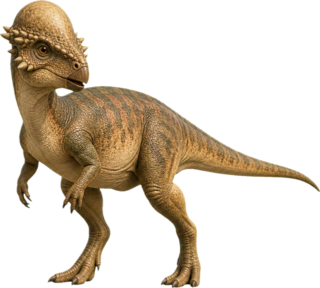 Pachycephalosaurus with thick skull dome and small beak.