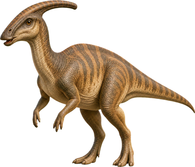 Parasaurolophus with long curved head crest and duck-like beak.