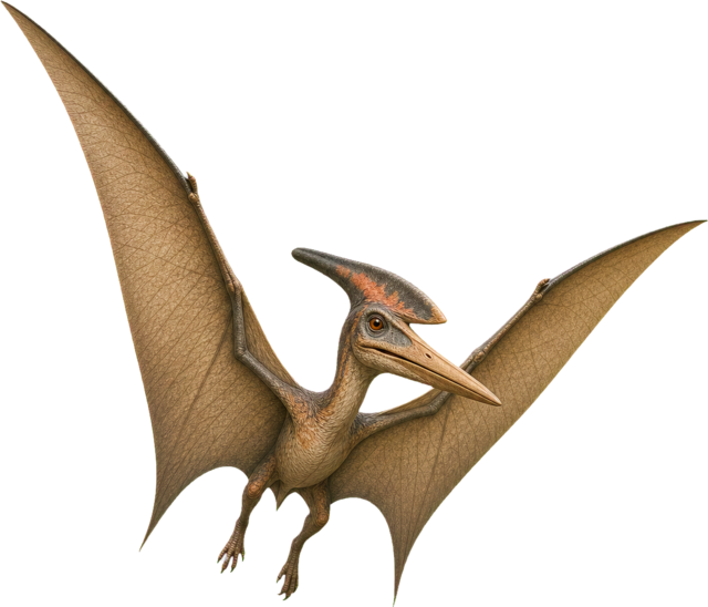 Pteranodon with long toothless beak, head crest, and folded wings.