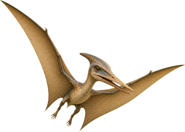 Pterodactylus with long beak, small teeth, and folded wings.