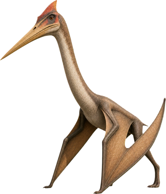 Quetzalcoatlus with long neck, long beak, and folded wings.