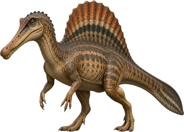 Spinosaurus with long crocodile-like head, back sail, and powerful tail.