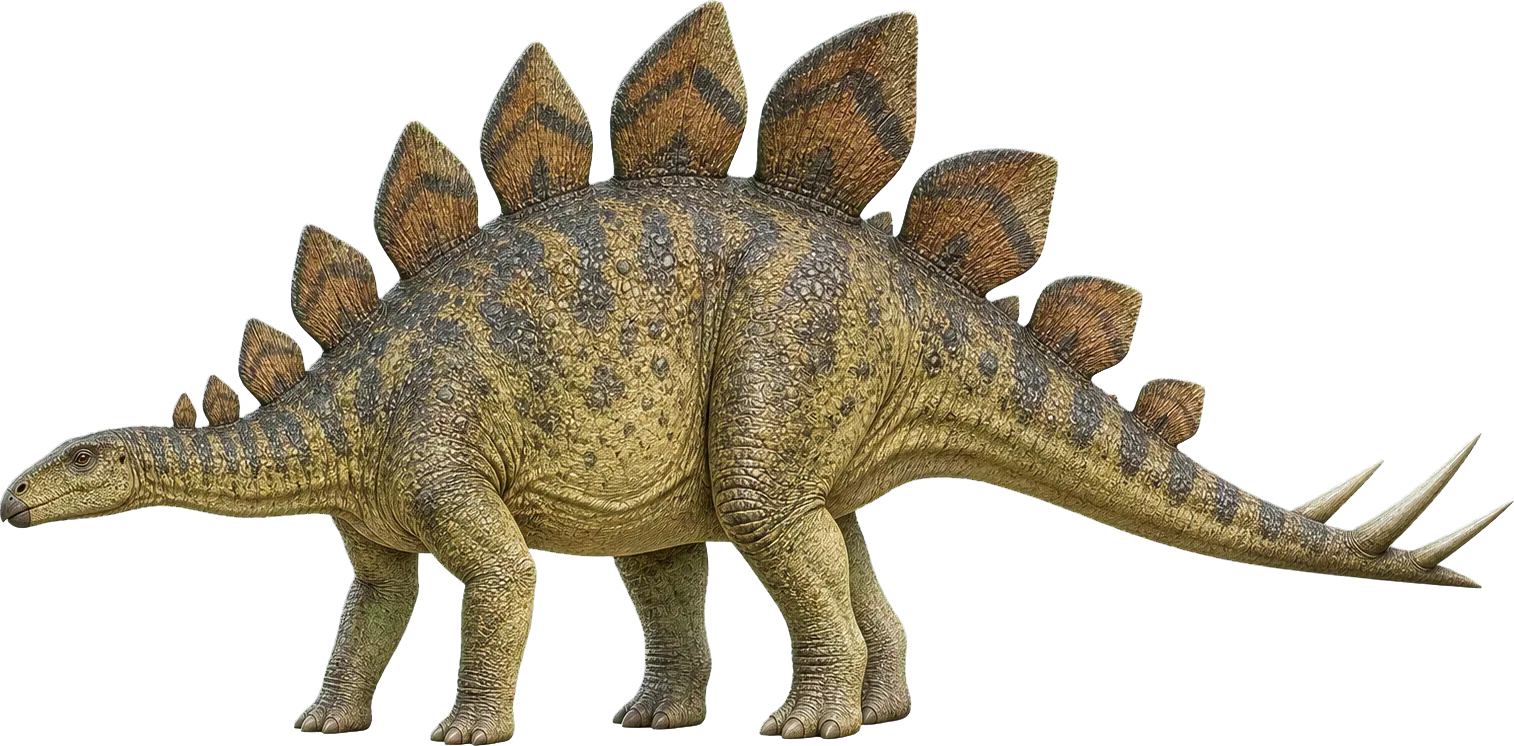 Stegosaurus stands beside a child, with back plates and tail spikes easy to see.