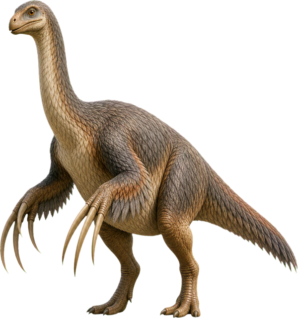 Therizinosaurus with long neck, big belly, and enormous claws.