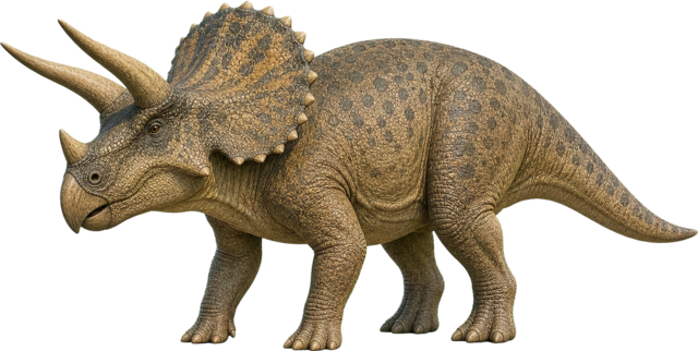 Triceratops with three horns, beak, and broad neck frill.