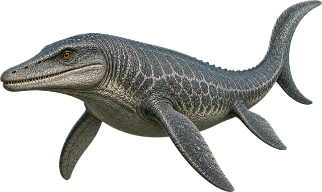 Tylosaurus with long body, flippers, and bony snout.