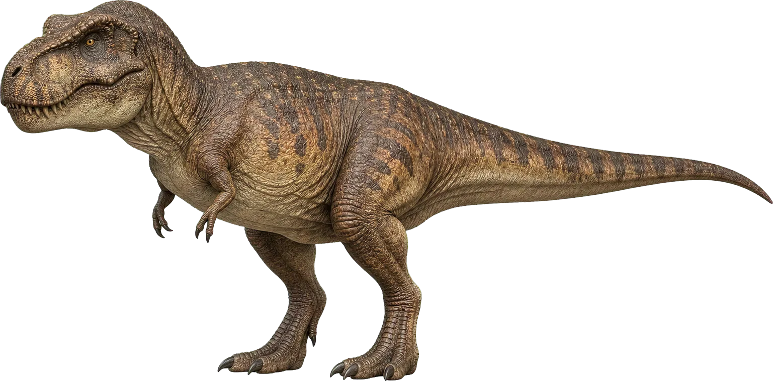 Tyrannosaurus rex towers above a child, with its large skull in front.