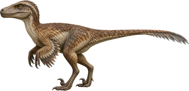 Feathered Velociraptor with long tail and sickle claw.
